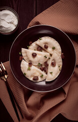 Pierogi, a traditional dish of Polish cuisine, dumplings, top view, close-up, no people,