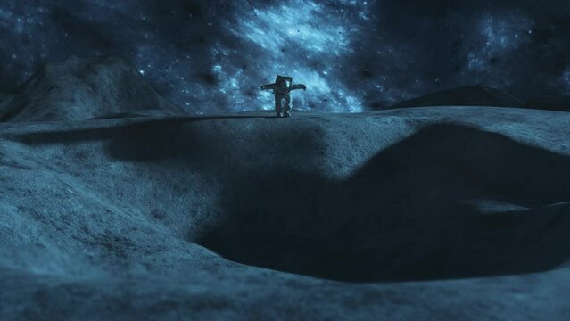 An astronaut runs across the moon and almost falls into a lunar crater, a space concept. 3d animation