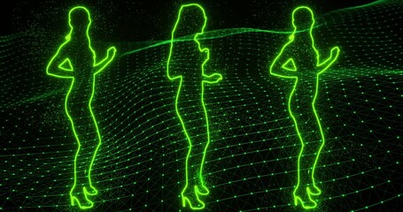 Silhouettes of three girls dancing on a plexus of green dots in space. Neon glowing particles following movements. The loop.