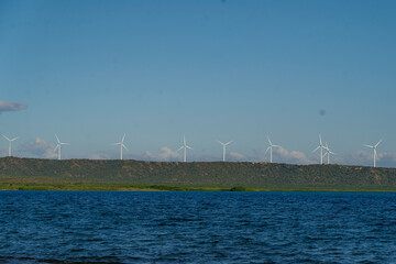 View of the wind turbines on the seashore.