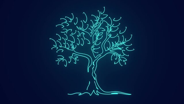 Digital tree with roots in the dark glow animation