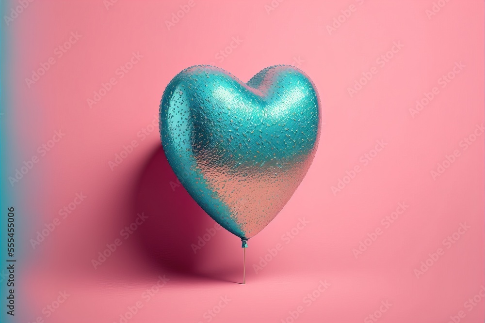 Poster a heart shaped balloon floating on a pink and blue background with a drop of water on it's side., ge