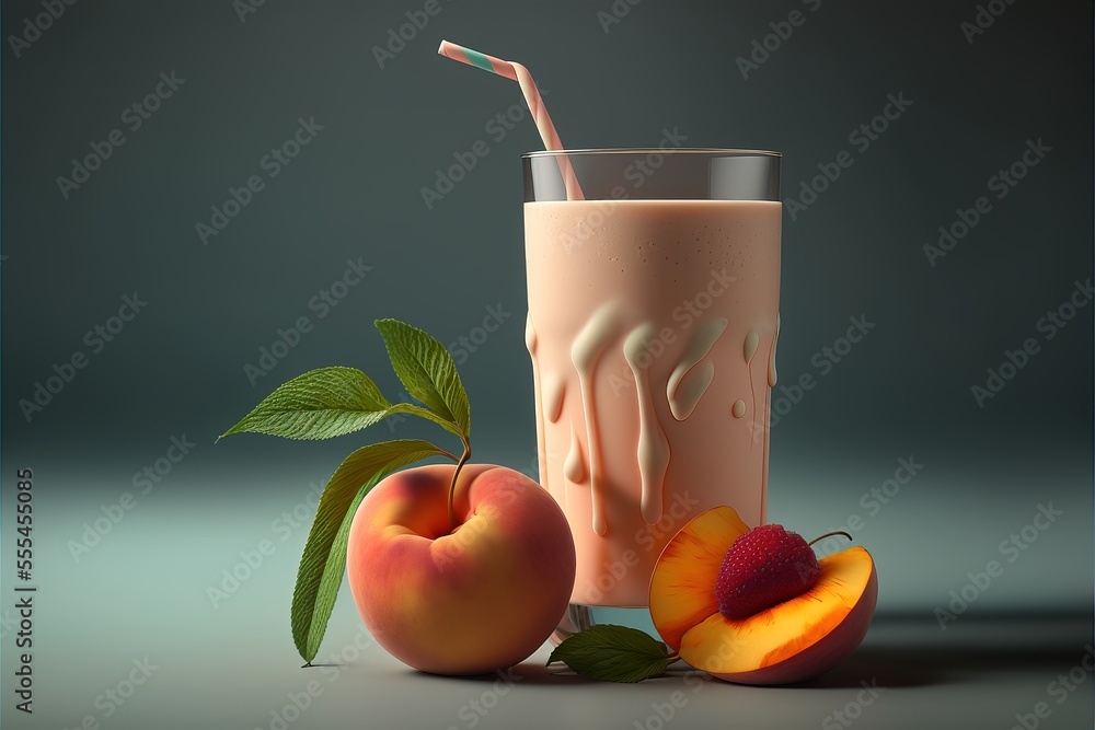 Poster a glass of peach milk next to a peach and a straw with a straw in it and a piece of fruit on the sid