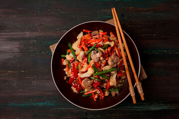 Wok, Asian-style vegetables, street food, mixed vegetables, no people, top view,