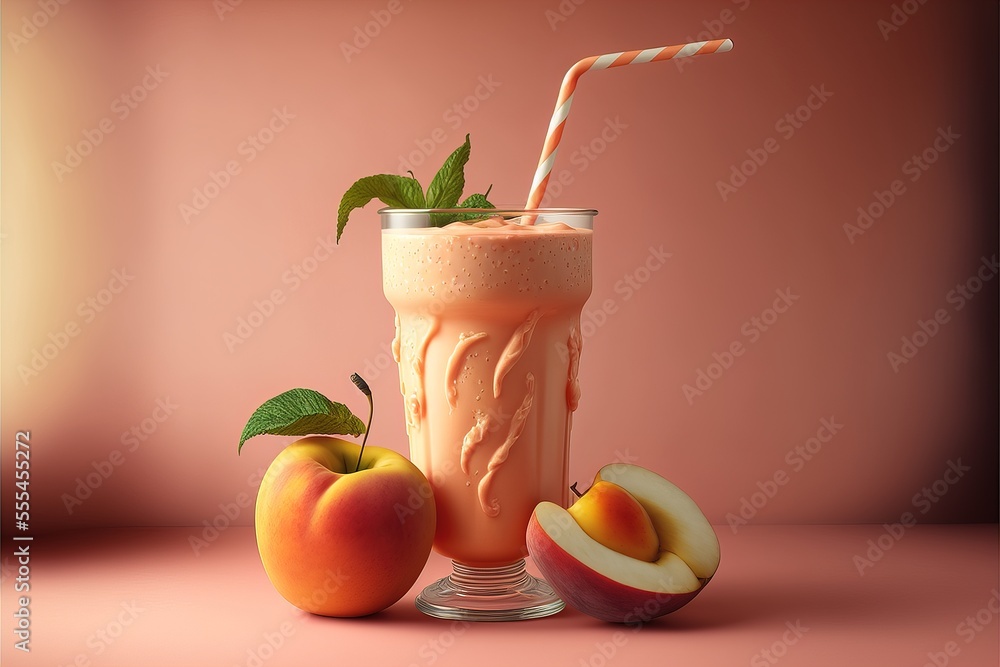 Poster a glass of peach milkshake with a straw and peaches around it on a pink background with a striped st