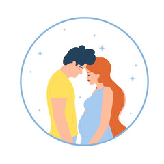 Pregnant woman and man in a round frame. Vector