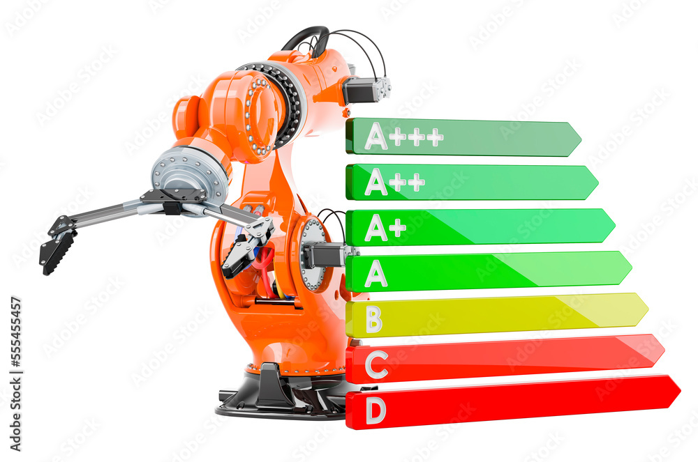 Poster robotic arm with energy efficiency chart, 3d rendering