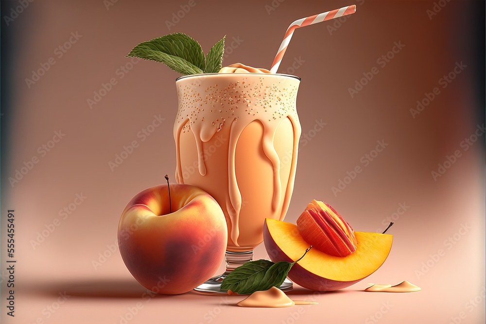 Poster a glass of peach milkshake with a straw and sliced peaches on the side of it and a striped straw., g