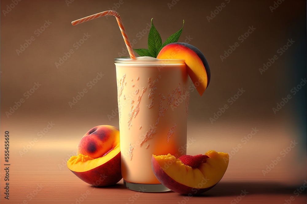 Aufkleber a peach smoothie with a straw and a slice of peaches on a table with a brown background., generative