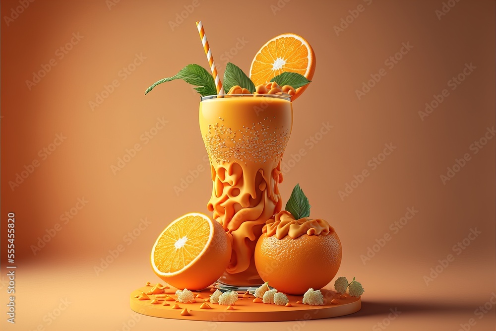 Poster a glass of orange juice with a straw and orange slices around it and a slice of orange on the side.,