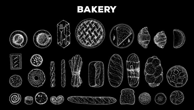 Bakery sketch set. Bakery collection. Hand drawn sketch with bread, pastry, sweet. Bakery set vector illustration. Hand drawn elements for design. Engraved food image