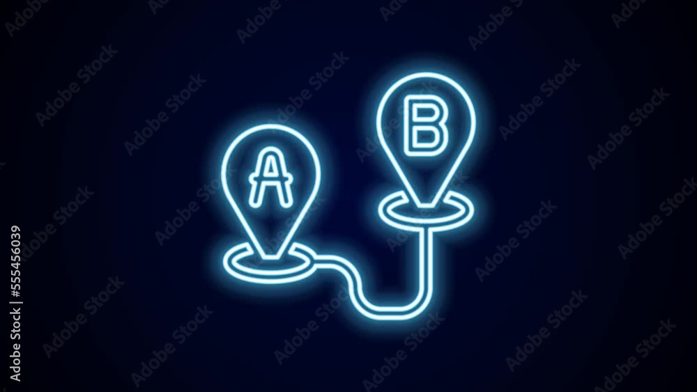 Poster Glowing neon line Route location icon isolated on black background. Map pointer sign. Concept of path or road. GPS navigator. 4K Video motion graphic animation