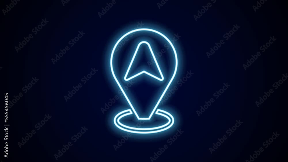 Poster glowing neon line map pointer with taxi car icon isolated on black background. location symbol. 4k v