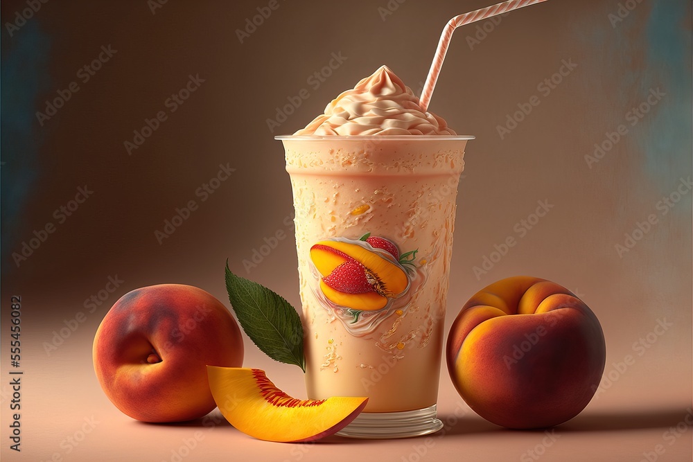 Aufkleber a painting of a drink with peaches and a straw in it and a straw in the cup with a straw., generativ