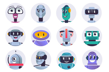 Cute robots characters avatars isolated set. Diverse robots with smiling face emotion. Virtual assistants, digital ai bots or chatbot mascots. Illustration with people in flat cartoon design - obrazy, fototapety, plakaty