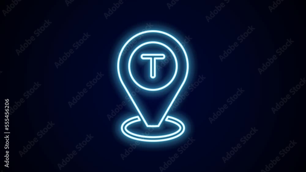 Poster glowing neon line map pointer with taxi car icon isolated on black background. location symbol. 4k v