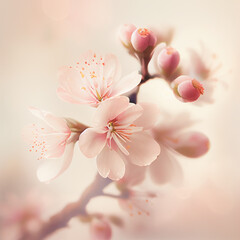 Fototapeta na wymiar Spring cherry blossom against pastel pink and white background. Shallow depth of field dreamy effect
