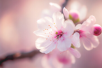 Spring cherry blossom against pastel pink and white background. Shallow depth of field dreamy effect