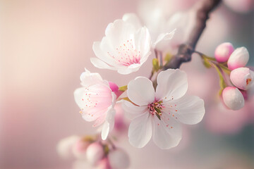 Spring cherry blossom against pastel pink and white background. Shallow depth of field dreamy effect