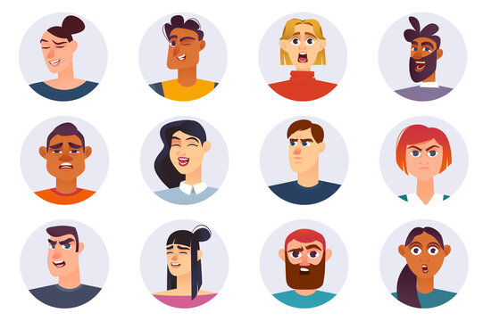 Characters with different emotions avatars isolated set. Portraits of men and women with smile, happy, surprised, sad, angry, afraid expressions. Illustration with people in flat cartoon design