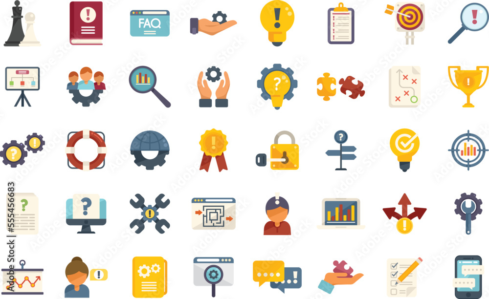 Poster problem solving icons set flat vector. business brainstorming. problem challenge isolated