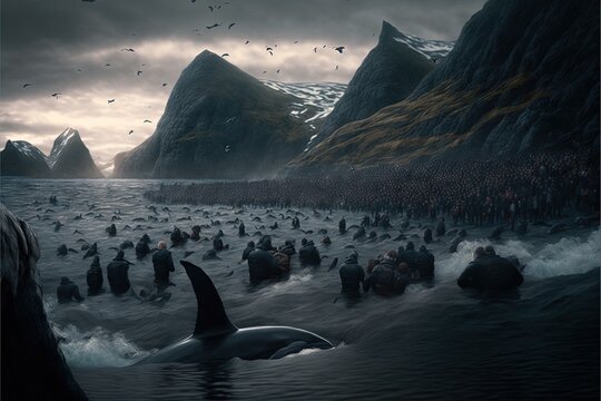 Grindadrap Faer Oer island whaling dolphin and whale hunting illustration generative ai