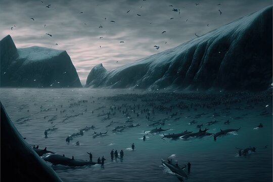 Grindadrap Faer Oer island whaling dolphin and whale hunting illustration generative ai