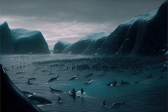 Grindadrap Faer Oer island whaling dolphin and whale hunting illustration generative ai