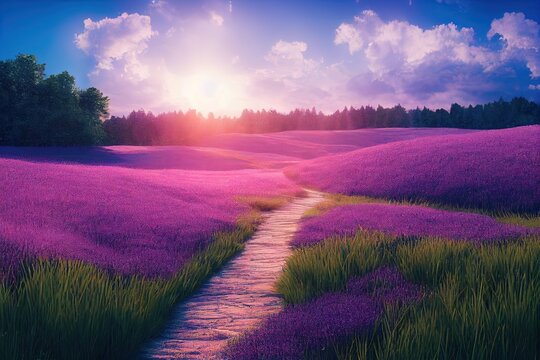 Path through a Meadow of Purple and Pink Flowers (Generative AI)