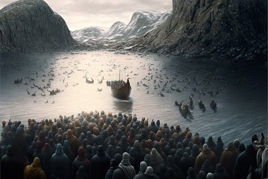 Grindadrap Faer Oer island whaling dolphin and whale hunting illustration generative ai