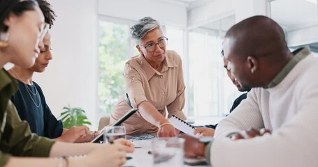 Business, woman and leader with team, meeting and conversation for planning, advertising campaign and marketing strategy in office. Teamwork, brainstorming and leadership for innovation and workshop.