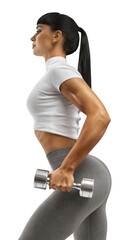 Young woman doing exercise with dumbbell. Close-up shot of muscular female body. Workout with...