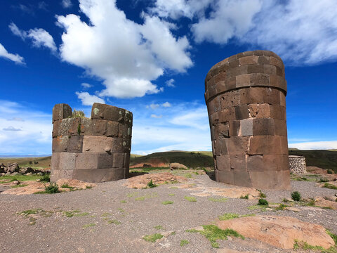 Two large chullpas at the Sillustani pre-Inca cemetery near the Peruvian city of Puno