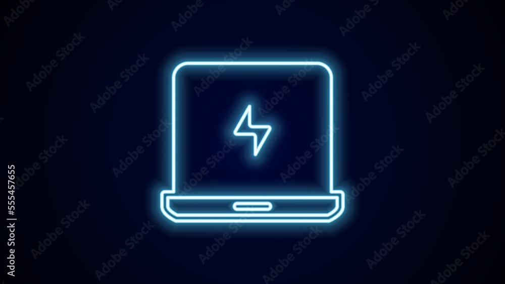 Poster glowing neon line laptop icon isolated on black background. computer notebook with empty screen sign
