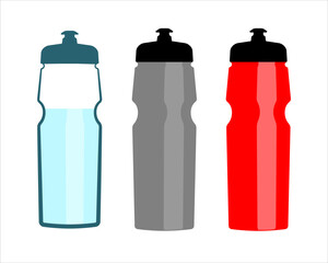 Sports water bottles  icon. Red, gray and blue transparent plastic bottle in flat style. Vector illustration isolated on white background.