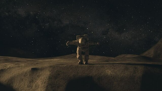 An astronaut runs across the moon and almost falls into a lunar crater, a space concept. 3d animation