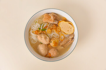 Bun Moc, Rice noodle soup with pork ball, Vietnamese food isolated on white background, top view