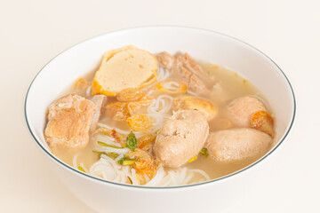 Bun Moc, Rice noodle soup with pork ball, Vietnamese food isolated on white background, close-up