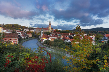 Beautiful aerial view of Cesky Krumlov at sunrise with Castle - Cesky Krumlov, Czech Republic