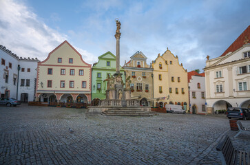 Obraz premium Plague Column at Svornosti Square - Cesky Krumlov, Czech Republic