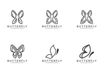 Set of six stylized geometric black butterfly symbols, celtic knot style tattoo design or logo. Isolated vector illustration collection.
