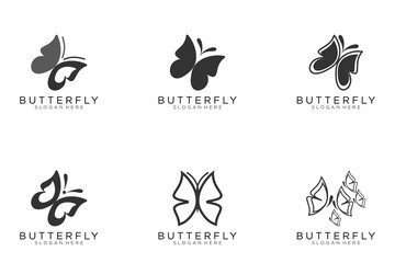 Set of six stylized geometric black butterfly symbols, celtic knot style tattoo design or logo. Isolated vector illustration collection.