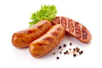 Grilled sausages, isolated on white background.