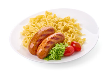 BBQ grilled pork sausages with pasta, served on cutting board with rustic fabric, isolated on white background.