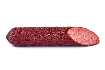 Smoked peppered salami sausage, isolated on white background.