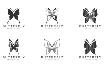 Set of six stylized geometric black butterfly symbols, celtic knot style tattoo design or logo. Isolated vector illustration collection.