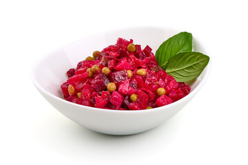 Vinaigrette salad. Traditional beetroot salad, isolated on white background. High resolution image.