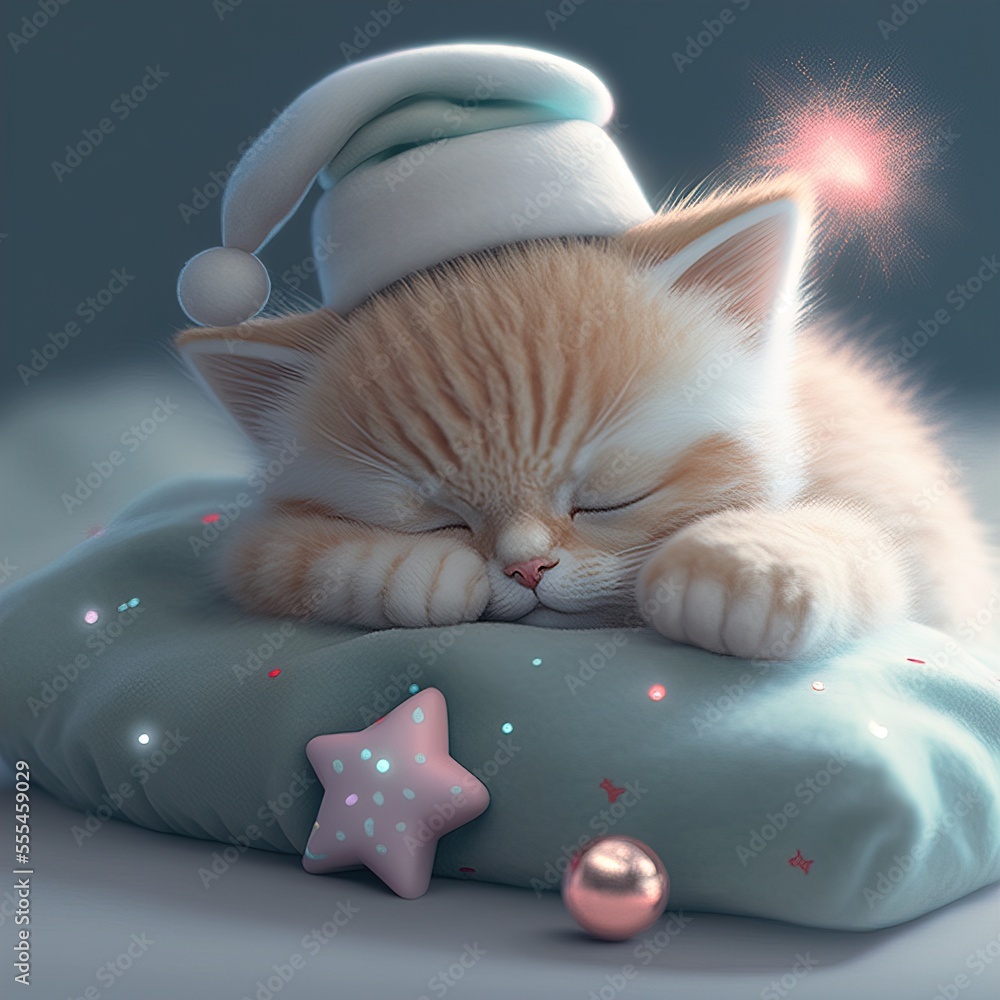 Poster a cat sleeping on a pillow with a hat on top of it's head and stars around it., generative ai