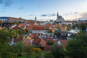 Fototapeta na wymiar Aerial view of Cesky Krumlov with Castle and Church of Saint Vitus - Cesky Krumlov, Czech Republic