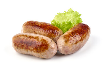 Grilled pork bangers, isolated on white background.